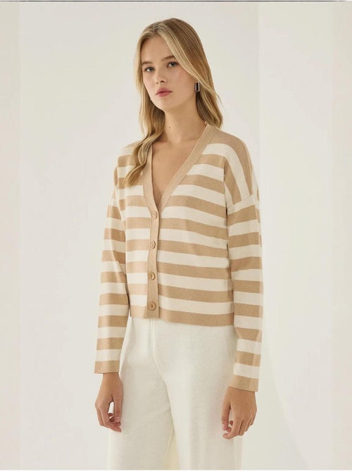 Cardigan rayé à col en V avec détails boutonnés - Kiabi Cardigan rayé à col en V avec détails boutonnés - Kiabi