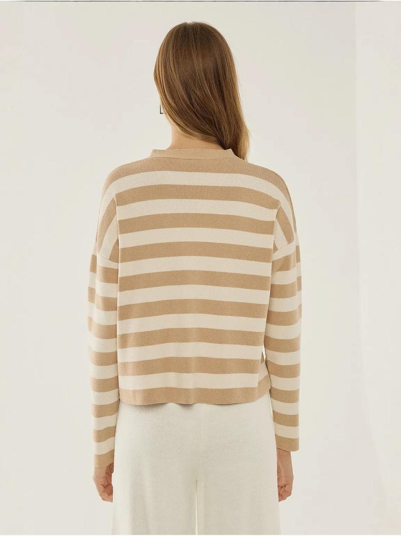 Cardigan rayé à col en V avec détails boutonnés Marron - Kiabi