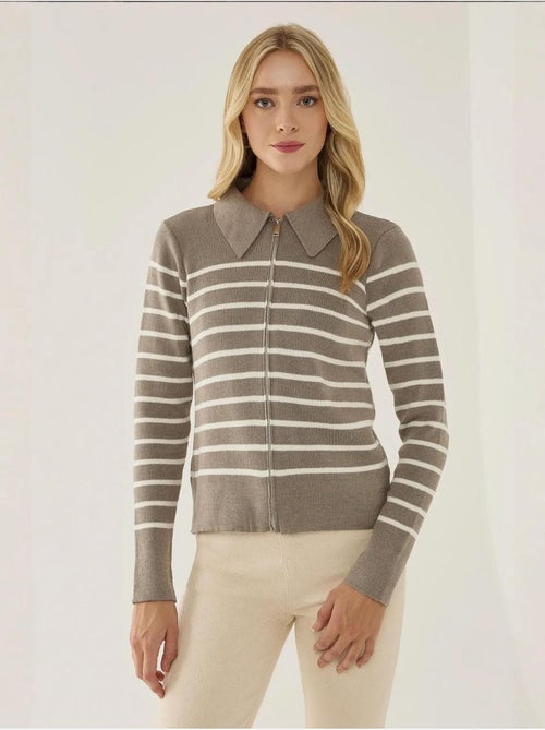 Cardigan rayé zippé à col chemise - Kiabi