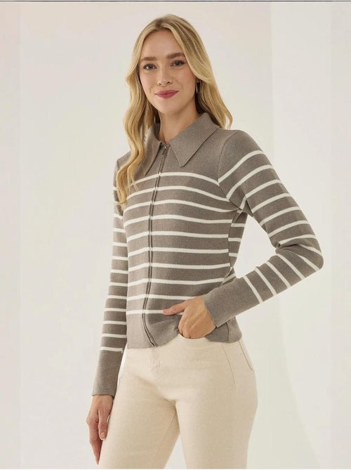Cardigan rayé zippé à col chemise - Kiabi