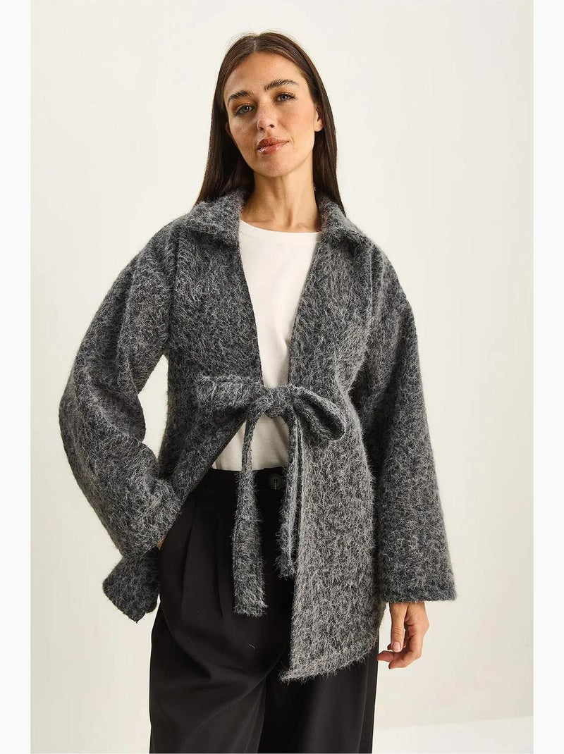 Cardigan texturé surdimensionné à col en v et fermeture à nouer avec fausse fourrure lucci Gris - Kiabi