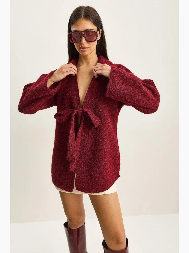 Cardigan texturé surdimensionné à col en v et fermeture à nouer avec fausse fourrure lucci Rouge bordeaux - Kiabi