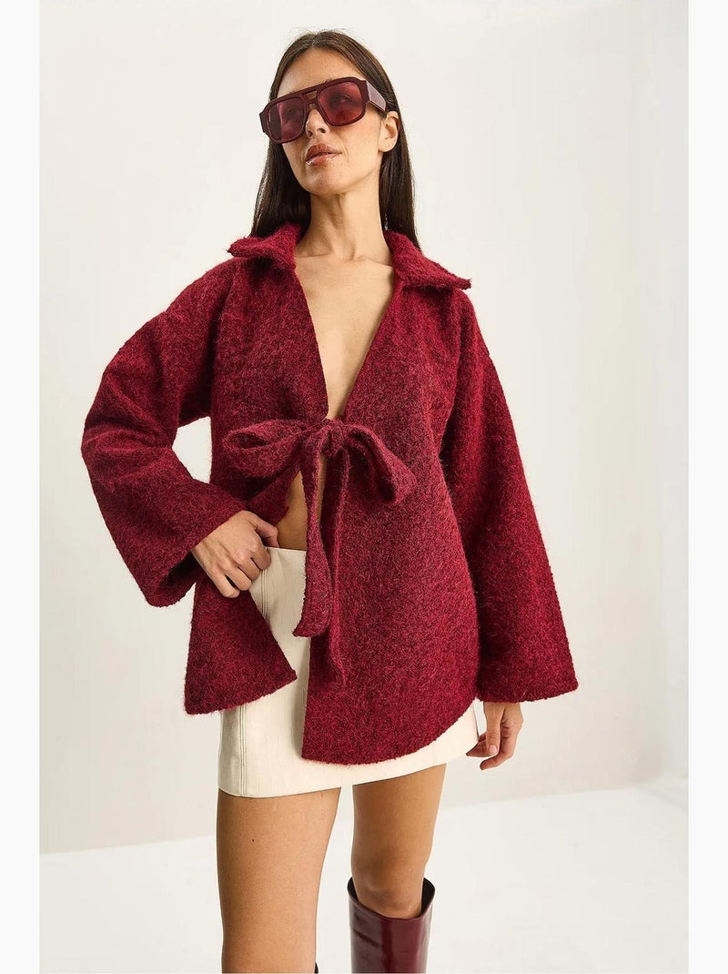 Cardigan texturé surdimensionné à col en v et fermeture à nouer avec fausse fourrure lucci Rouge bordeaux - Kiabi