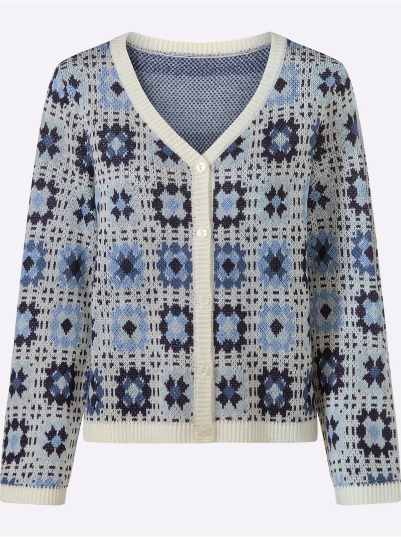 Cardigan Tricot Jacquard élégant - Taille Standard - Moda Vilona Bleu Ecru - Kiabi