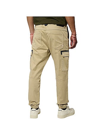 Cargo en coton beige uni à coupe regular fit avec un cordon à nouer à la taille