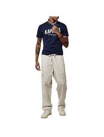 Cargo en coton écru uni à coupe loose et à taille élastiquée avec un lacet