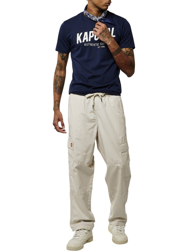 Cargo en coton écru uni à coupe loose et à taille élastiquée avec un lacet Ecru - Kiabi