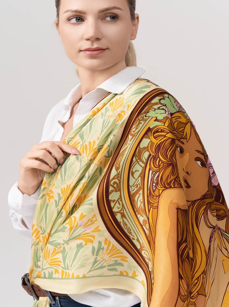 Carré de Soie Prémium Mucha - 100 x 100 cm Vert - Kiabi