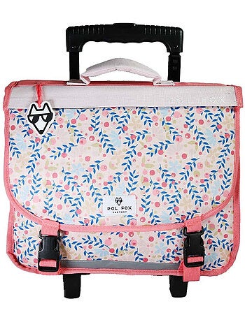 Cartable à roulettes fille 38 cm réversible 2 compartiments POL FOX Happy Blush rose motif fleur