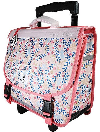 Cartable à roulettes fille 38 cm réversible 2 compartiments POL FOX Happy Blush rose motif fleur