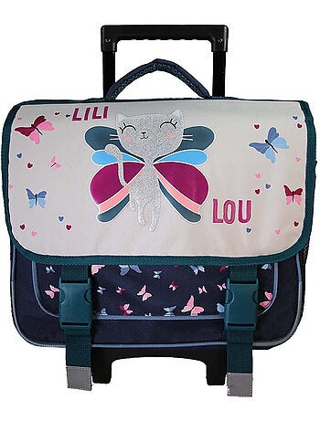 Cartable à roulettes fille Lili Lou 38 cm beige et bleu 2 compartiments