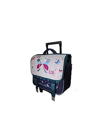 Cartable à roulettes fille Lili Lou 38 cm beige et bleu 2 compartiments