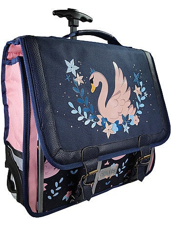 Cartable à roulettes fille Phileas Cygne 41 cm – 2 compartiments – Bleu et rose