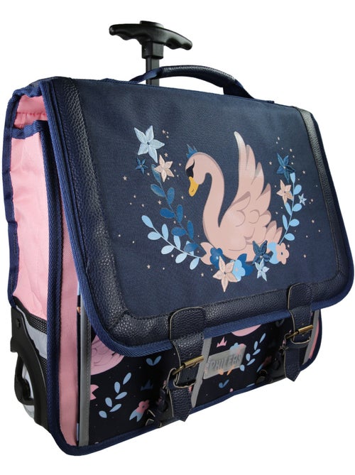 Cartable à roulettes fille Phileas Cygne 41 cm – 2 compartiments – Bleu et rose - Kiabi