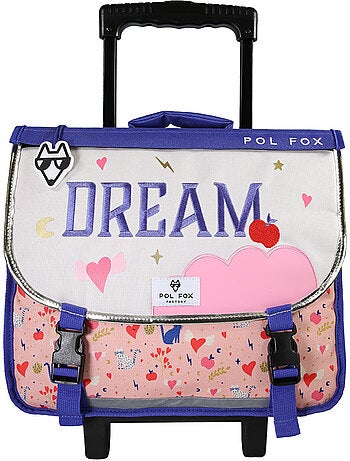 Cartable à roulettes fille POL FOX DREAM 38 cm réversible 2 compartiments rose chat et cœur