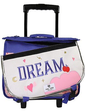 Cartable à roulettes fille POL FOX DREAM 38 cm réversible 2 compartiments rose chat et cœur