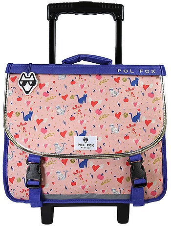 Cartable à roulettes fille POL FOX DREAM 38 cm réversible 2 compartiments rose chat et cœur