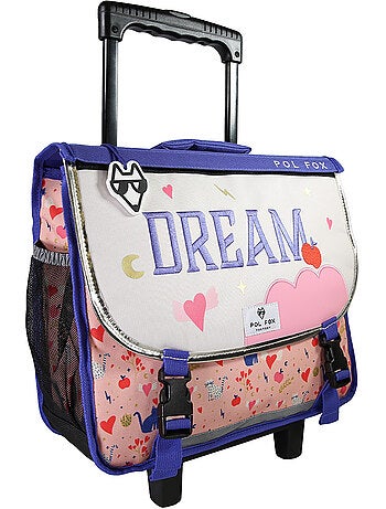 Cartable à roulettes fille POL FOX DREAM 38 cm réversible 2 compartiments rose chat et cœur