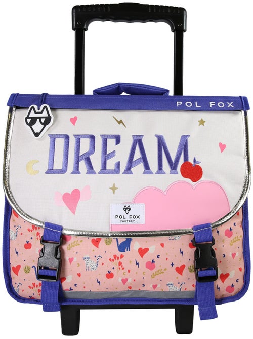Cartable à roulettes fille POL FOX DREAM 38 cm réversible 2 compartiments rose chat et cœur - Kiabi