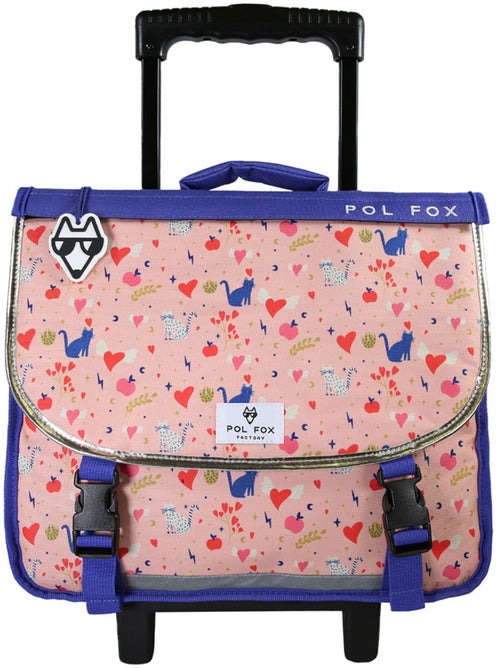 Cartable à roulettes fille POL FOX DREAM 38 cm réversible 2 compartiments rose chat et cœur - Kiabi