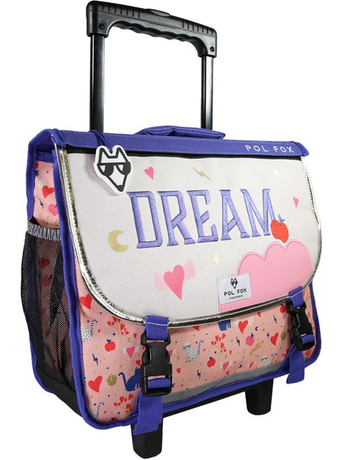 Cartable à roulettes fille POL FOX DREAM 38 cm réversible 2 compartiments rose chat et cœur - Kiabi