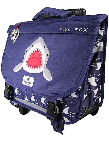 Cartable à roulettes garçon 38 cm réversible 2 compartiments POL FOX Shark bleu marine motif requin