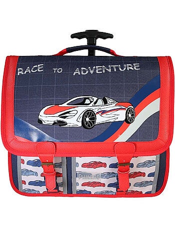 Cartable à roulettes garçon Phileas Voiture 41 cm – 2 compartiments – Bleu et rouge