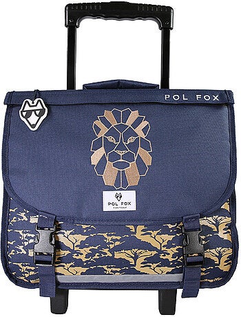 Cartable à roulettes garçon POL FOX LION 38 cm réversible 2 compartiments bleu marine motif lion