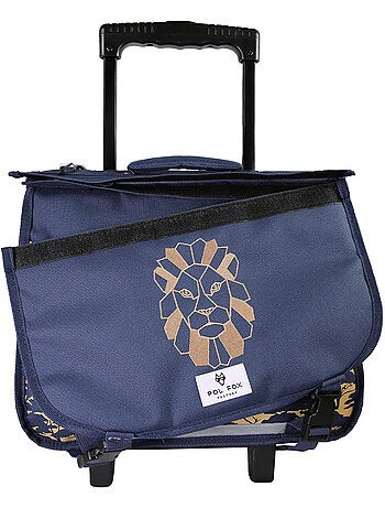 Cartable à roulettes garçon POL FOX LION 38 cm réversible 2 compartiments bleu marine motif lion