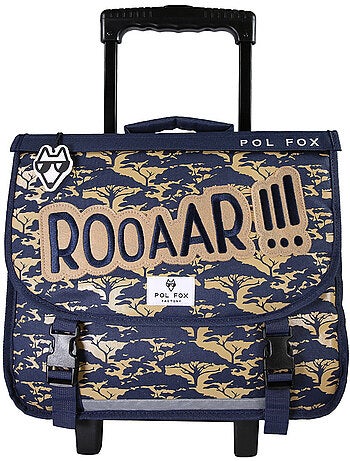 Cartable à roulettes garçon POL FOX LION 38 cm réversible 2 compartiments bleu marine motif lion