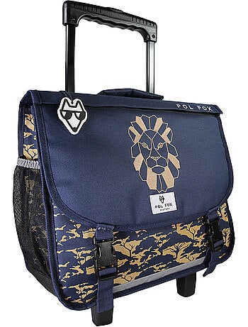 Cartable à roulettes garçon POL FOX LION 38 cm réversible 2 compartiments bleu marine motif lion