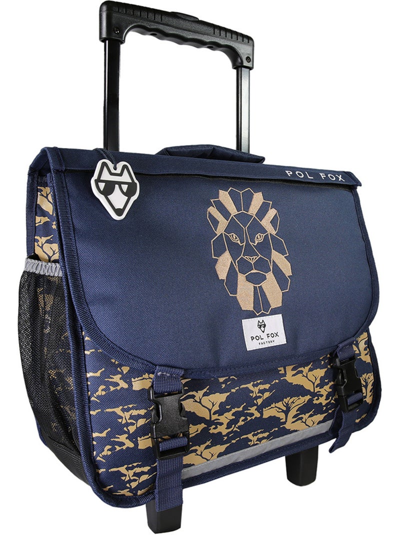 Cartable à roulettes garçon POL FOX LION 38 cm réversible 2 compartiments bleu marine motif lion Bleu marine - Kiabi