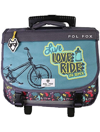 Cartable à roulettes garçon POL FOX RIDER 38 cm réversible 2 compartiments bleu et gris motifs fun