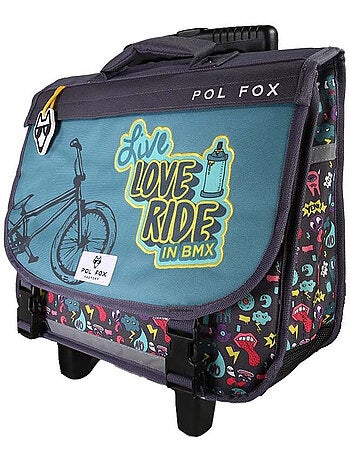 Cartable à roulettes garçon POL FOX RIDER 38 cm réversible 2 compartiments bleu et gris motifs fun
