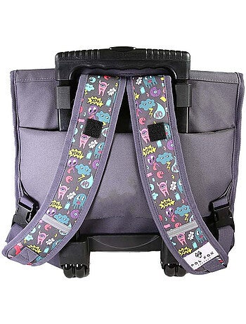 Cartable à roulettes garçon POL FOX RIDER 38 cm réversible 2 compartiments bleu et gris motifs fun