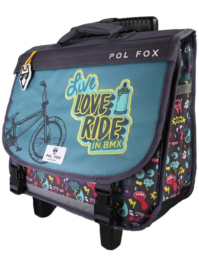 Cartable à roulettes garçon POL FOX RIDER 38 cm réversible 2 compartiments bleu et gris motifs fun Multicolore - Kiabi