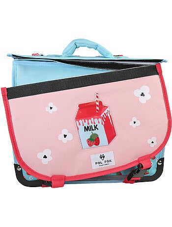Cartable fille 35 cm réversible 1 compartiment POL FOX Strawberry rose et bleu motif fraise et fleur