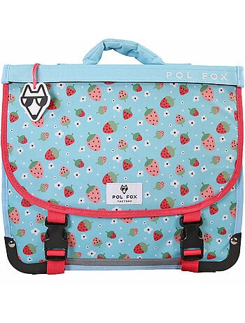 Cartable fille 35 cm réversible 1 compartiment POL FOX Strawberry rose et bleu motif fraise et fleur