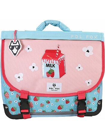 Cartable fille 35 cm réversible 1 compartiment POL FOX Strawberry rose et bleu motif fraise et fleur