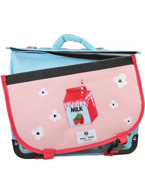 Cartable fille 35 cm réversible 1 compartiment POL FOX Strawberry rose et bleu motif fraise et fleur - Kiabi