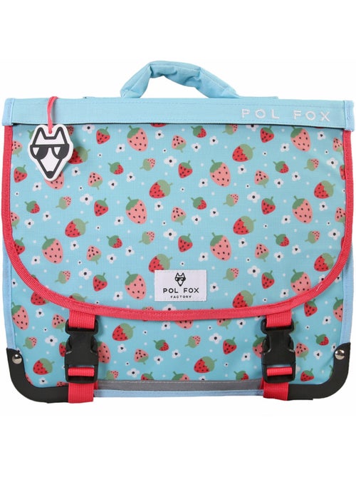 Cartable fille 35 cm réversible 1 compartiment POL FOX Strawberry rose et bleu motif fraise et fleur - Kiabi
