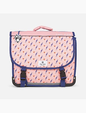 Cartable fille 38 cm réversible 2 compartiments POL FOX Heart rose motif cœur et éclair