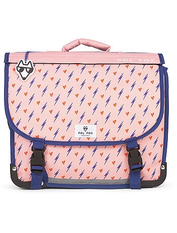 Cartable fille 38 cm réversible 2 compartiments POL FOX Heart rose motif cœur et éclair