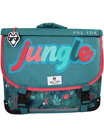 Cartable fille 38 cm réversible 2 compartiments POL FOX Jungle vert motif tropical et animaux