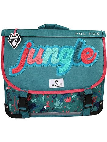 Cartable fille 38 cm réversible 2 compartiments POL FOX Jungle vert motif tropical et animaux