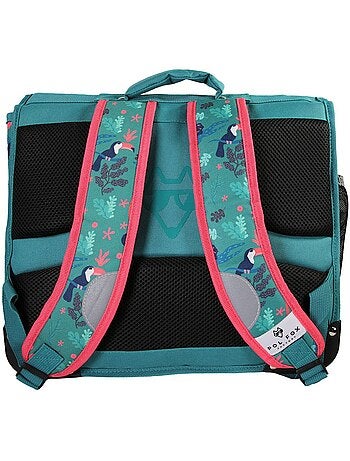Cartable fille 38 cm réversible 2 compartiments POL FOX Jungle vert motif tropical et animaux
