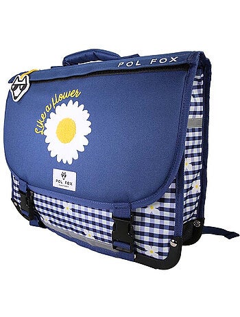 Cartable fille POL FOX DAISY réversible 38 cm – 2 compartiments – Bleu marine marguerites