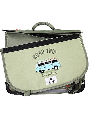 Cartable garçon 35 cm réversible 1 compartiment POL FOX Road Trip vert motif van et aventure