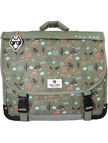 Cartable garçon 35 cm réversible 1 compartiment POL FOX Road Trip vert motif van et aventure