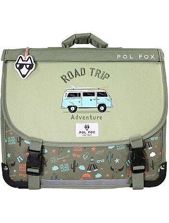 Cartable garçon 35 cm réversible 1 compartiment POL FOX Road Trip vert motif van et aventure